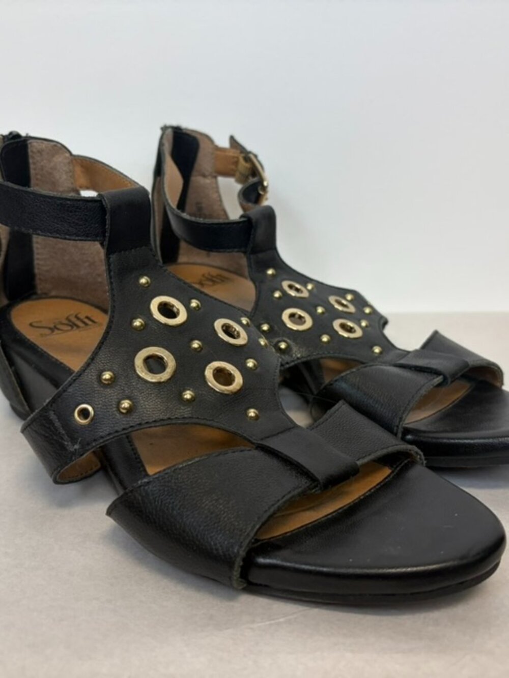 Sofft Black Leather Sandals with Gold Detail